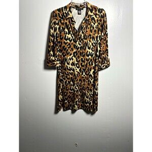 INC International Concepts Leopard Animal Print Satin Shirt Dress M Brown Black